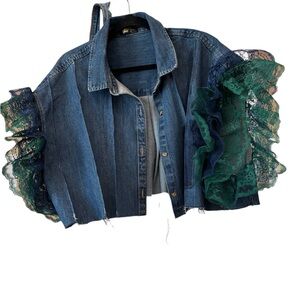 Denim  pleated Crop Jacket with Green and Navy  Lace Ruffle Sleeves